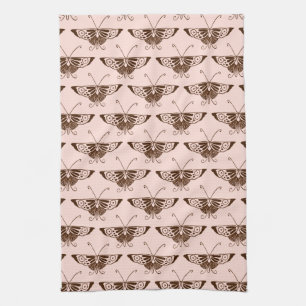 Stylised Art Deco butterfly - chocolate and peach Tea Towel
