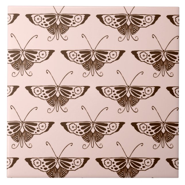 Stylised Art Deco butterfly - chocolate and peach Tile (Front)