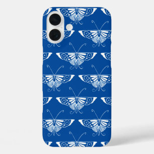 Stylised Art Deco butterfly, cobalt blue and white iPhone 16 Plus Case