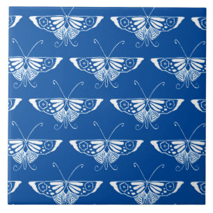 Stylised Art Deco butterfly, cobalt blue and white Tile