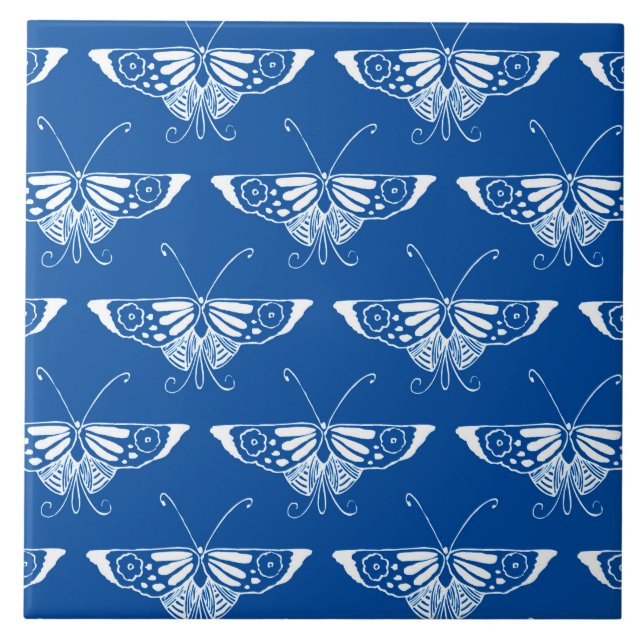 Stylised Art Deco butterfly, cobalt blue and white Tile (Front)