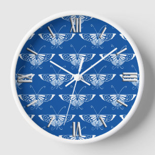 Stylised Art Deco butterfly, cobalt blue and white Wall Clock