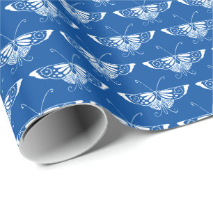 Stylised Art Deco butterfly, cobalt blue and white Wrapping Paper
