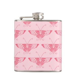 Stylised Art Deco butterfly - coral pink Hip Flask