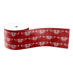 Stylised Art Deco butterfly - dark red and white Grosgrain Ribbon