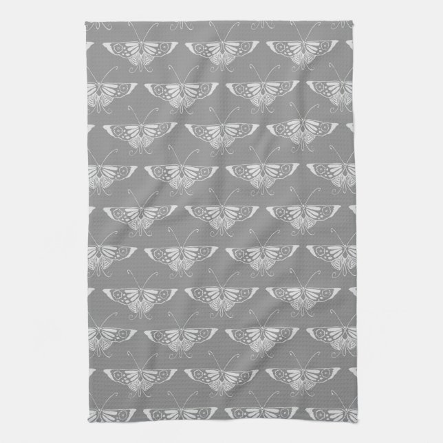 Stylised Art Deco butterfly, shades of grey / grey Tea Towel (Vertical)