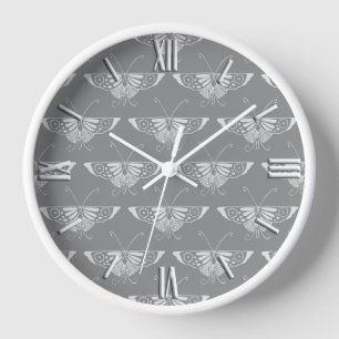 Stylised Art Deco butterfly, shades of grey / grey Wall Clock