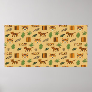 Stylised background with cartoon tiger. Bright che Poster
