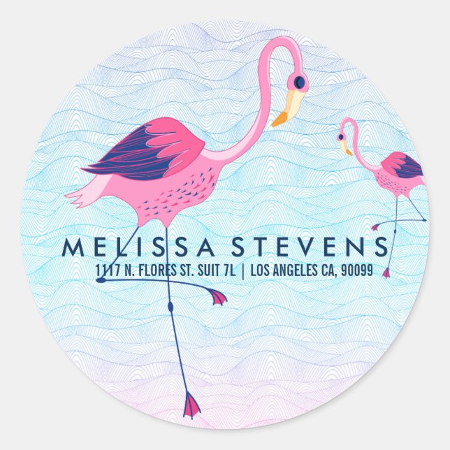 Stylised Beach Water Waves & Pink Flamingos Classic Round Sticker (Front)