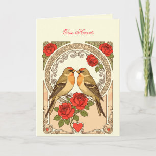Stylised Birds and Red Roses Art Nouveau Card
