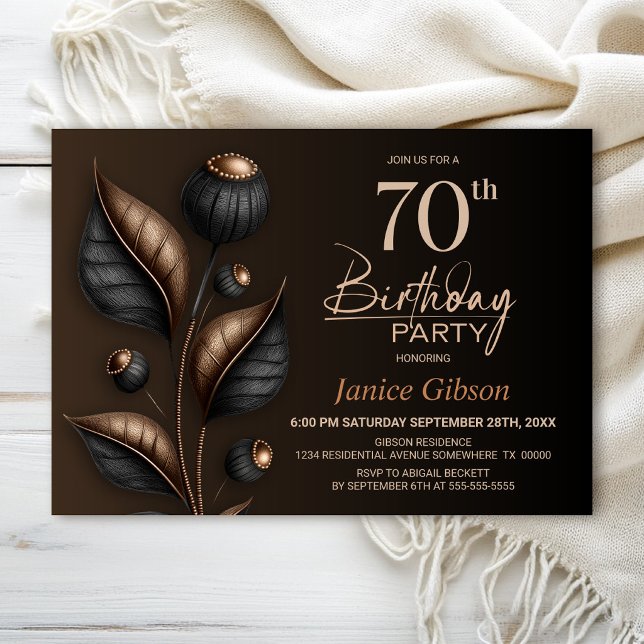Stylised Black and Copper Eucalyptus 70th Birthday Invitation (Creator Uploaded)