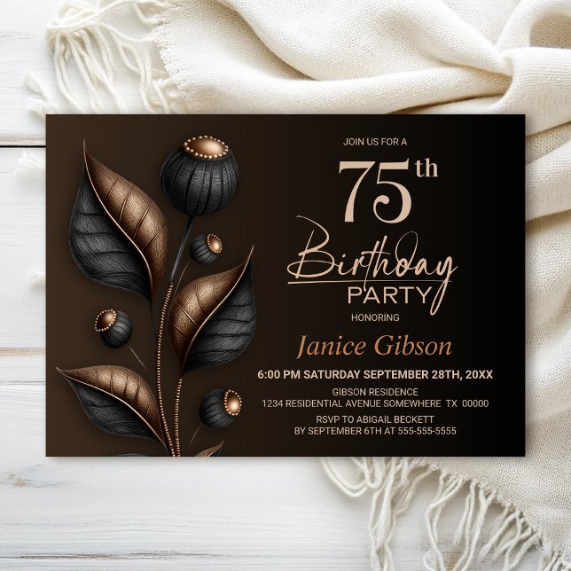Stylised Black and Copper Eucalyptus 75th Birthday Invitation (Creator Uploaded)