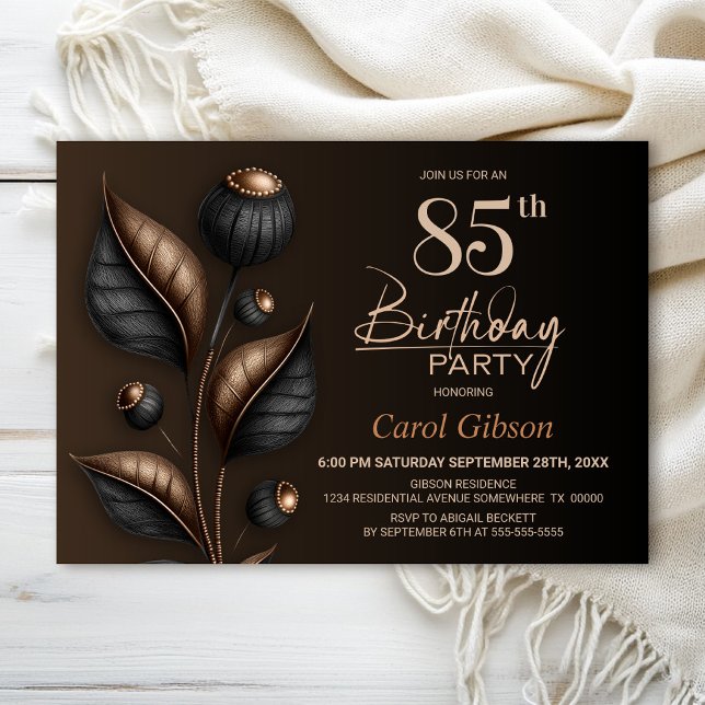 Stylised Black and Copper Eucalyptus 85th Birthday Invitation (Creator Uploaded)