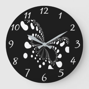 Stylised Black and White Butterfly Fractal Art Large Clock