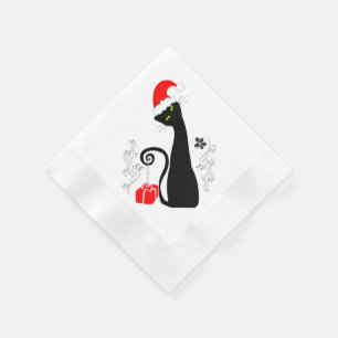 Stylised Black Christmas Cat in Santa Hat Napkin