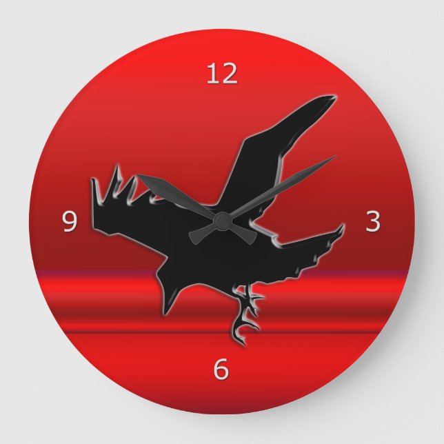 Stylised Black Flying Raven, red metallic effect Large Clock (Front)