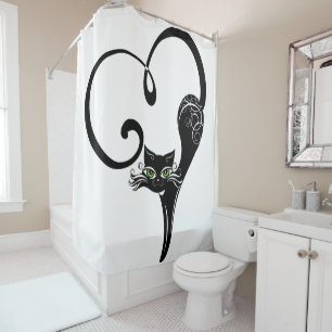Stylised Black Heart Cat Shower Curtain