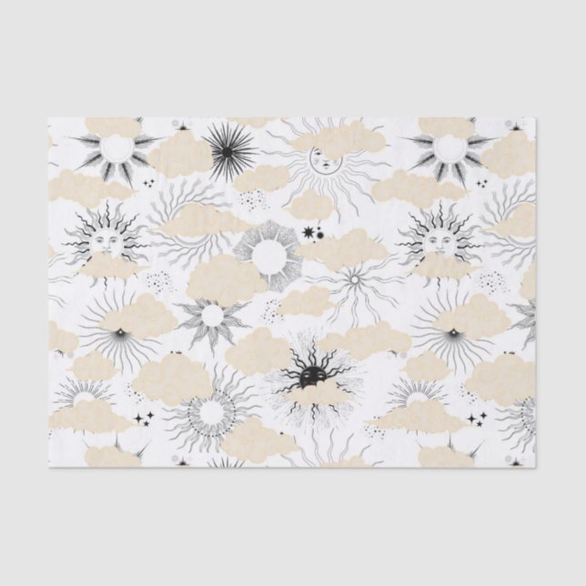 Stylised black suns behind textured tan clouds tissue paper (Front)