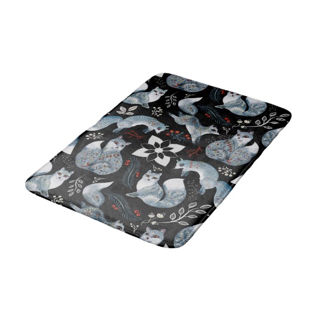  Stylised blue foxes with intricate floral designs Bath Mat (Angled)