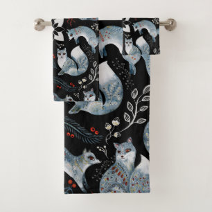  Stylised blue foxes with intricate floral designs Bath Towel Set