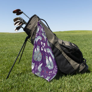 Stylised blue foxes with intricate floral designs Golf Towel