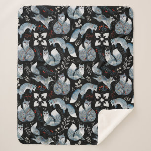 Stylised blue foxes with intricate floral designs Sherpa Blanket
