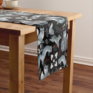 Stylised blue foxes with intricate floral designs Short Table Runner