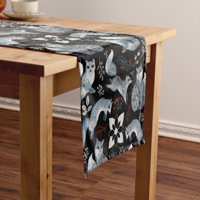  Stylised blue foxes with intricate floral designs Short Table Runner (In Situ)