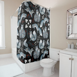 Stylised blue foxes with intricate floral designs Shower Curtain