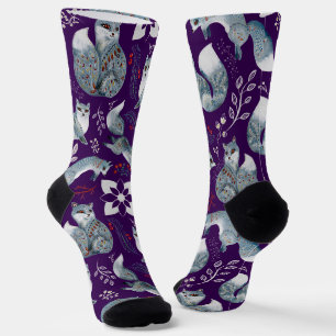 Stylised blue foxes with intricate floral designs Socks
