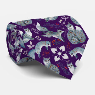 Stylised blue foxes with intricate floral designs Tie
