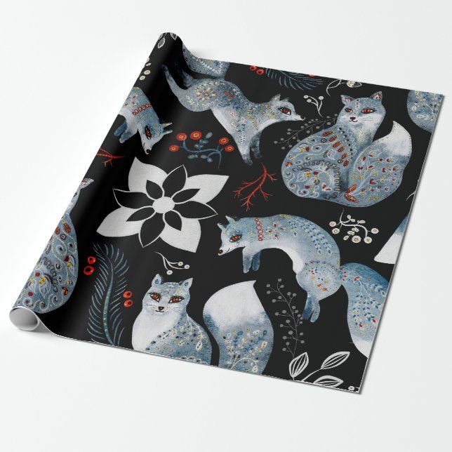  Stylised blue foxes with intricate floral designs Wrapping Paper (Unrolled)