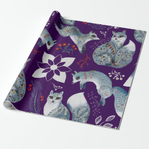  Stylised blue foxes with intricate floral designs Wrapping Paper