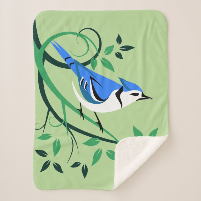 Stylised Blue Jay On Branches Sherpa Blanket (Front)