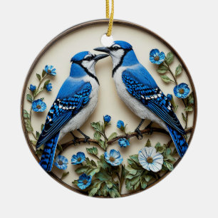 Stylised Blue Jays amid Decorative Botanical Paper Ceramic Tree Decoration