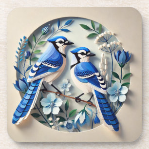 Stylised Blue Jays amid Decorative Botanical Paper Coaster