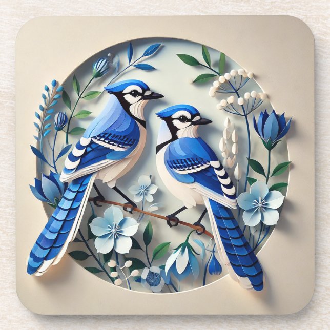Stylised Blue Jays amid Decorative Botanical Paper Coaster (Front)