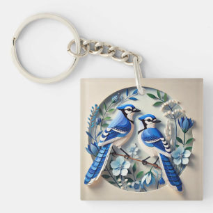 Stylised Blue Jays amid Decorative Botanical Paper Key Ring