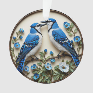 Stylised Blue Jays amid Decorative Botanical Paper Ornament