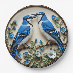 Stylised Blue Jays amid Decorative Botanical Paper Plate