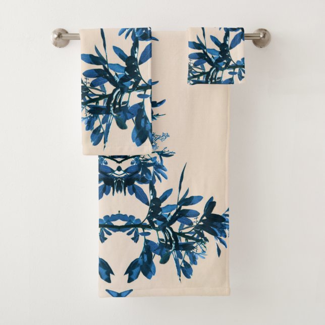 Stylised Blue Pepper Tree Leaves Bath Towel Set (Insitu)