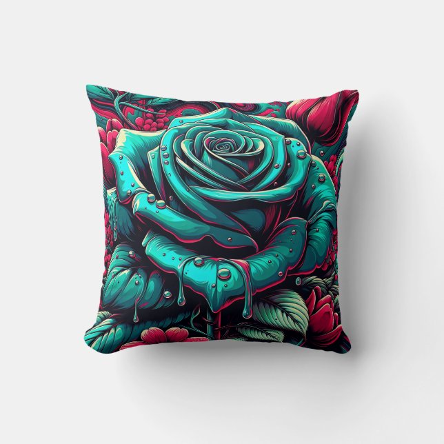 “Stylised Blue Rose with Raindrops" Cushion (Front)