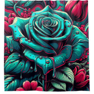 “Stylised Blue Rose with Raindrops" Shower Curtain