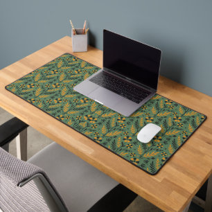 Stylised botanical orange and black floral pattern desk mat