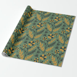 Stylised botanical orange and black floral pattern wrapping paper