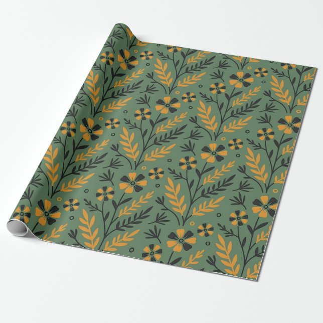 Stylised botanical orange and black floral pattern wrapping paper (Unrolled)