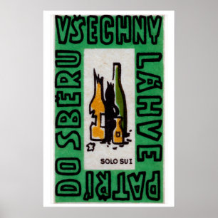 Stylised Bottles Matchbox Art Print, Czech Vintage Poster