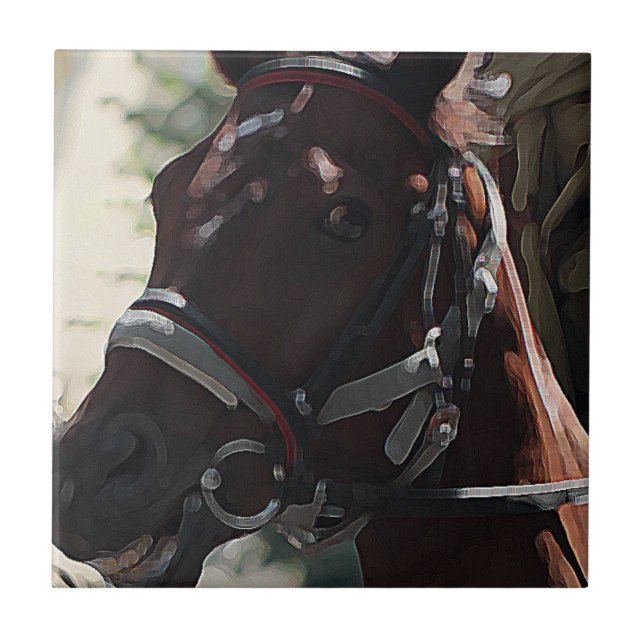 Stylised Brown Horse Smiling Head Sketch Tile (Front)