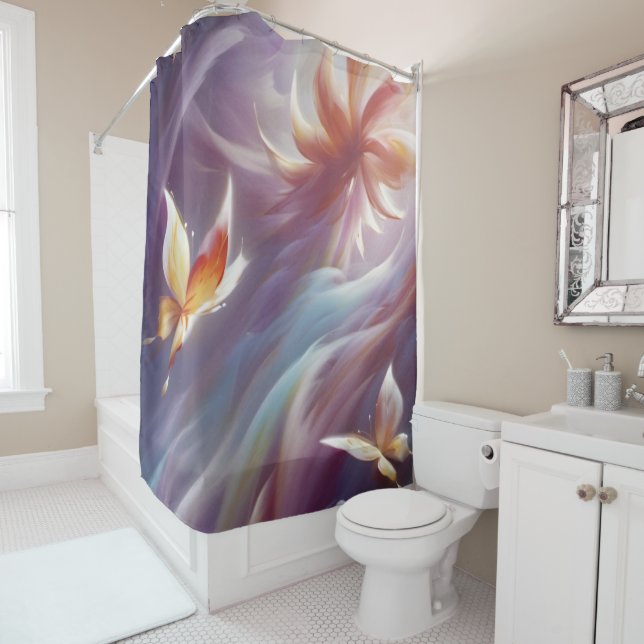 Stylised Butterflies and Flower Shower Curtain (In Situ)