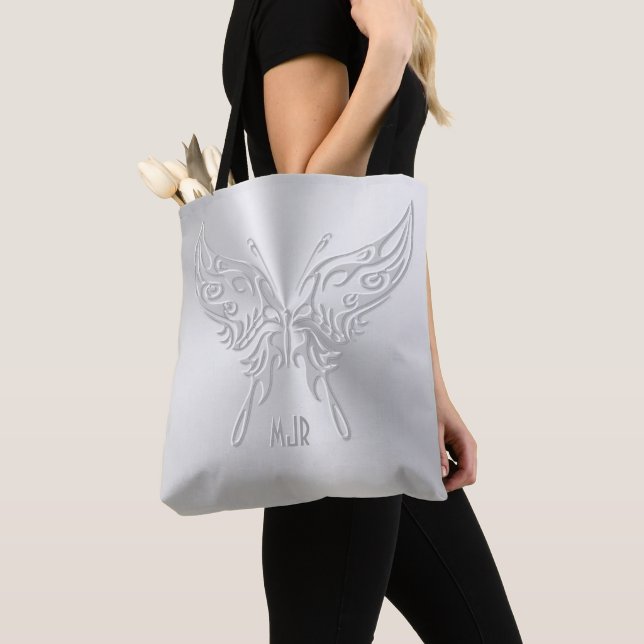 Stylised Butterfly Round Tail, Embossed-effect Tote Bag (Close Up)